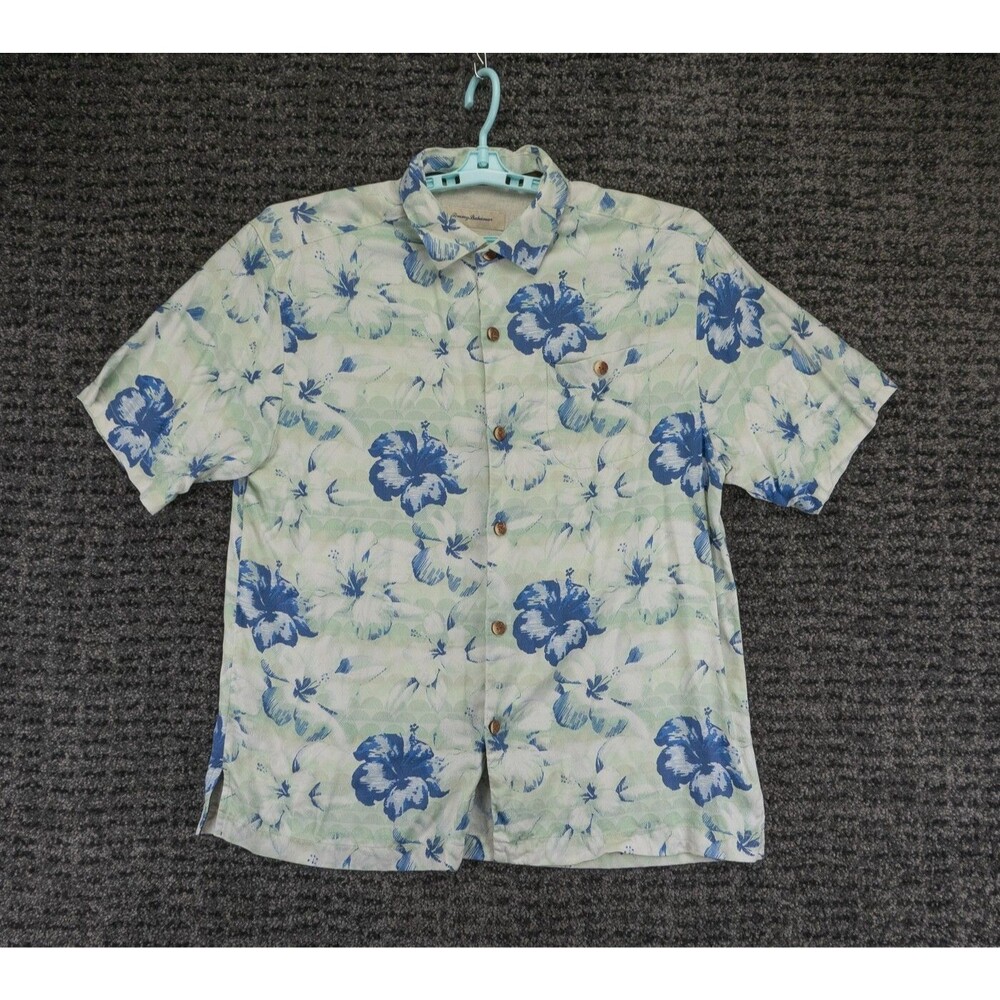 Tommy Bahama Shirt Mens Large Blue Green Floral Print Silk Hawaiian Tropical